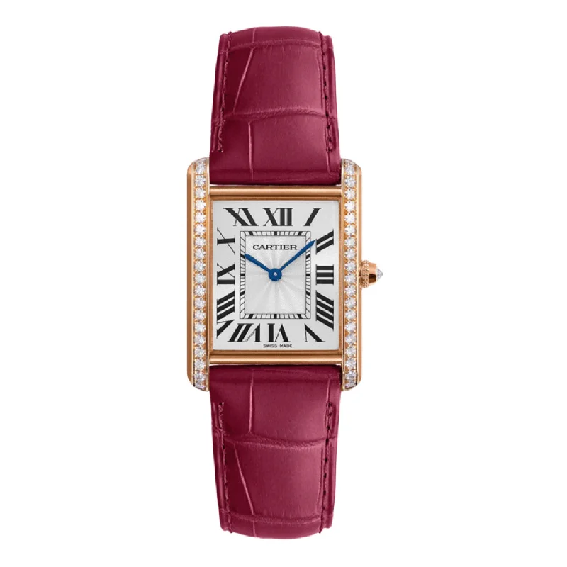 Shop Cartier Watches for Impeccable Craftsmanship –Cartier Tank Louis 29.5mm Women's watch - Ref: WJTA0010 - Silver Roman Dial & Diamond Bezel in 18K Rose Gold Case, Burgundy Leather Strap