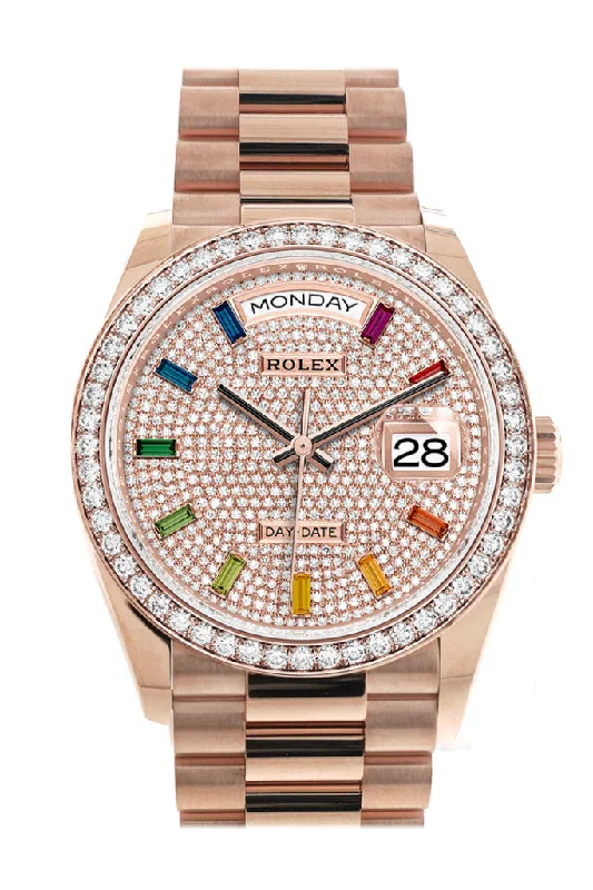 Rolex Watches: Timeless Style and Performance –Rolex Day-Date 36 Everose Diamond Bezel  Diamond Paved Rainbow Sapphire Dial President Bracelet Watch 128345RBR