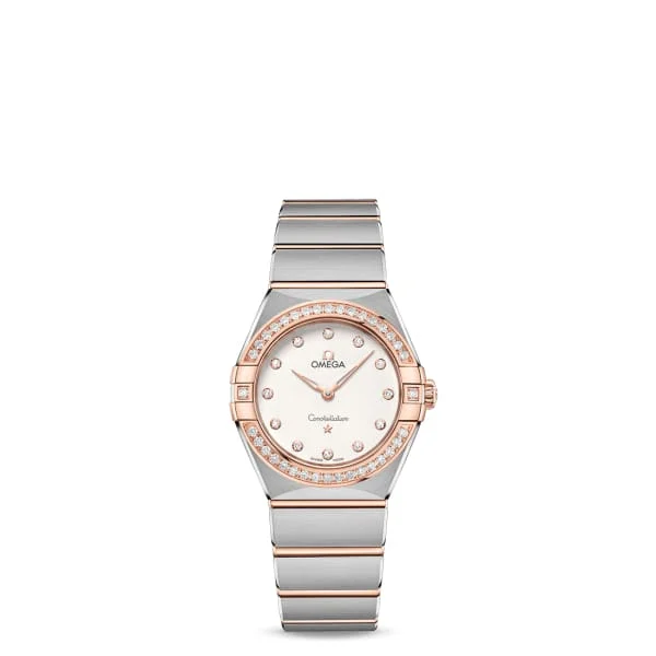 Shop Omega Watches for Enduring Value –Omega Constellation 28mm Watch - Ref: 131.25.28.60.52.001 - Silver Diamond Index Dial & Diamond Bezel, Two Tone Stainless Steel & 18K Rose Gold Bracelet