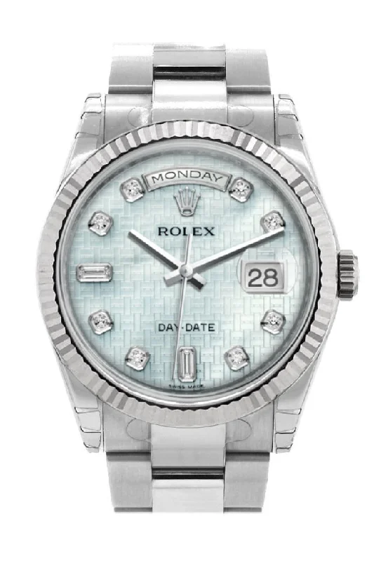 Shop Rolex Watches for the Elite Collector –Rolex Day-Date 36 Platinum mother-of-pearl with oxford motif set with Diamonds Dial Fluted Bezel Oyster White Gold Watch 118239