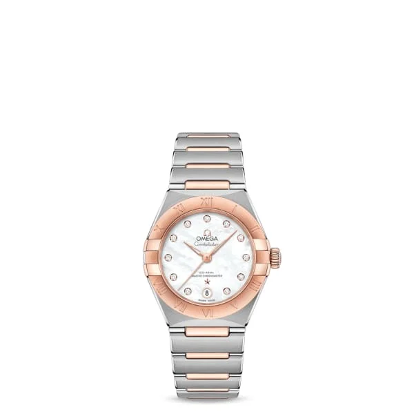 Omega Watches: Perfect for the Watch Enthusiast –Omega Constellation 29mm Watch - Ref: 131.20.29.20.55.001 - White Mother of Pearl Diamond Index Dial & 18K Rose Gold Bezel, Two Tone Stainless Steel & 18K Rose Gold Bracelet