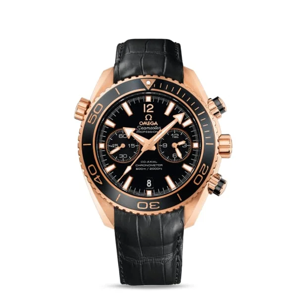 Discover the Best Omega Watches for Sale –Omega Seamaster 46mm Watch - Ref: 232.63.46.51.01.001 - Black Chronograph Index Dial in 18K Rose Gold Case, Black Leather Strap