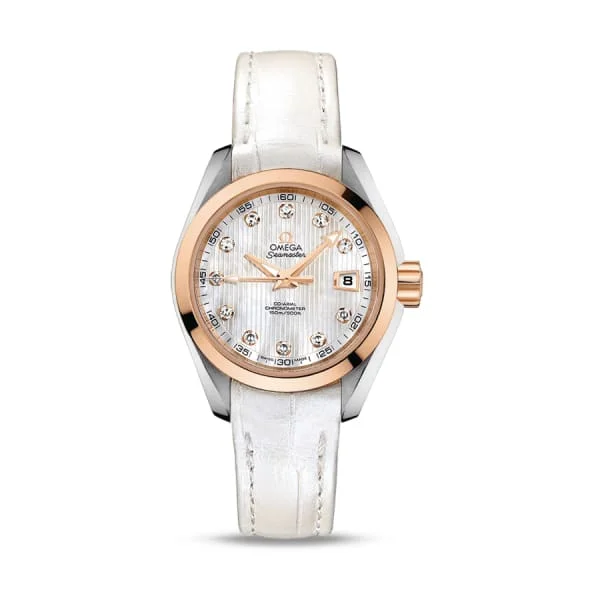 Find the Perfect Omega Watch –Omega Seamaster 30mm Watch - Ref: 231.23.30.20.55.001 - White Mother of Pearl Diamond Index Dial & 18K Rose Gold Bezel, White Leather Strap