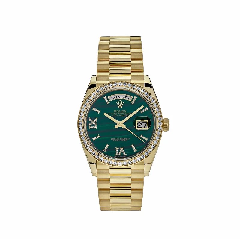 Shop Rolex Watches with Legendary Craftsmanship –Rolex Day-Date 128348RBR Yellow Gold Green Malachite Dial Diamond Bezel