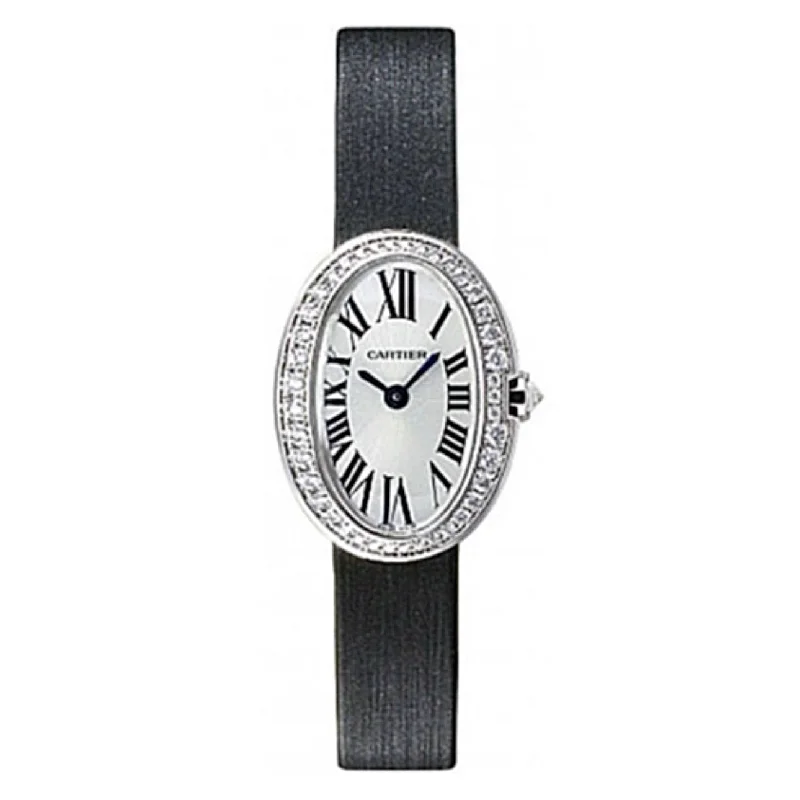 Explore the Best Cartier Watches for Investment –Cartier Baignoire  25.3mm Women's watch - Ref: WB520027 - Silver Roman Dial & Diamond Bezel in 18K White Gold Case, Black Fabric Strap