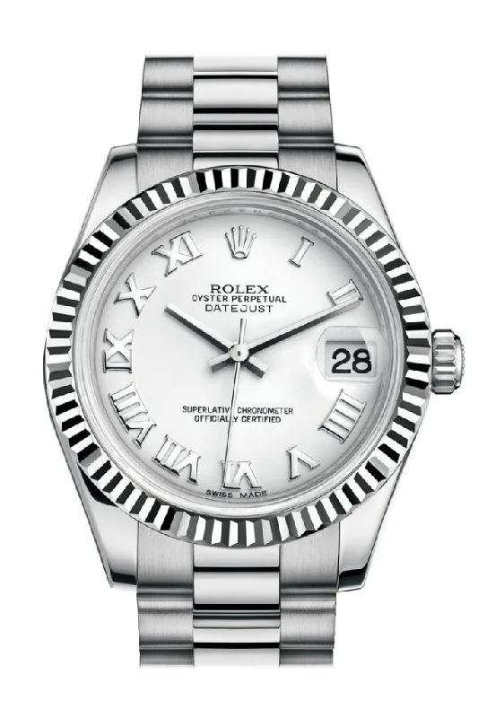 Shop Rolex Datejust Watches –Rolex Datejust 31 White Roman Dial Fluted Bezel 18K White Gold President Ladies Watch 178279 Pre-owned