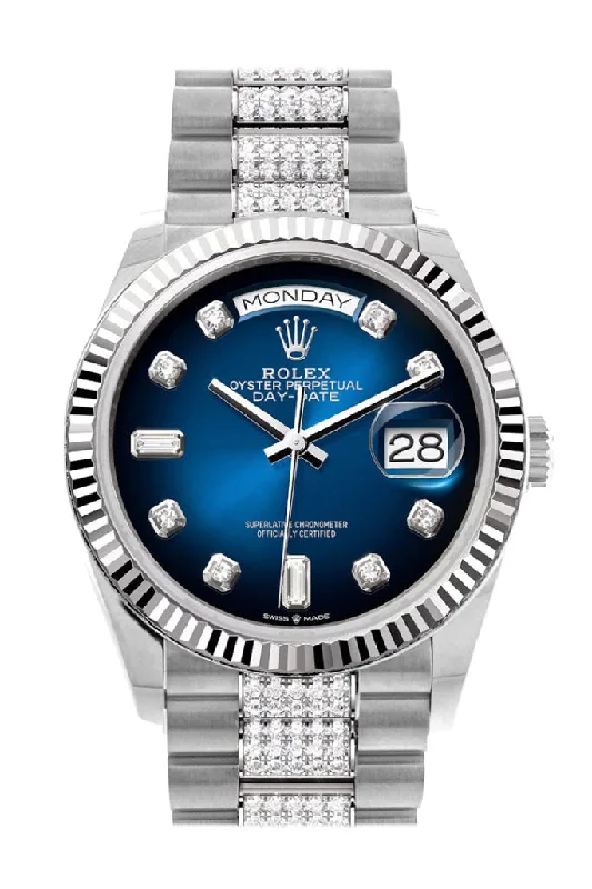 Find Rare Rolex Models for Exclusive Style –Rolex Day-Date 36 Blue ombré Diamond Dial Fluted Bezel White Gold Diamond President Watch 128239