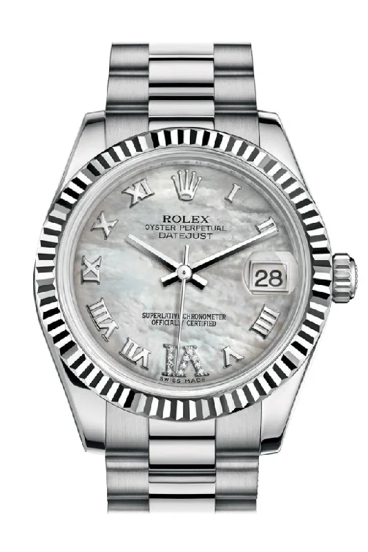 Find the Latest Rolex Models Here –Rolex Datejust 31 White mother-of-pearl Large VI Diamond Dial Fluted Bezel 18K White Gold President Ladies Watch 178279 Pre-owned