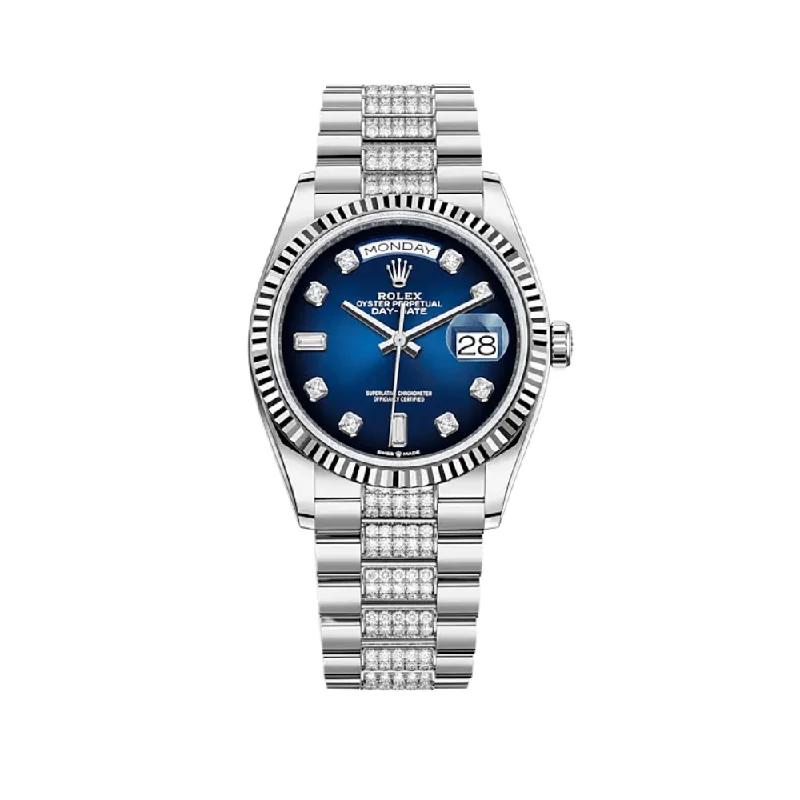 Rolex Watches: Craftsmanship and Luxury –Rolex Day-Date 128239 White Gold Blue Ombre Diamond Dial