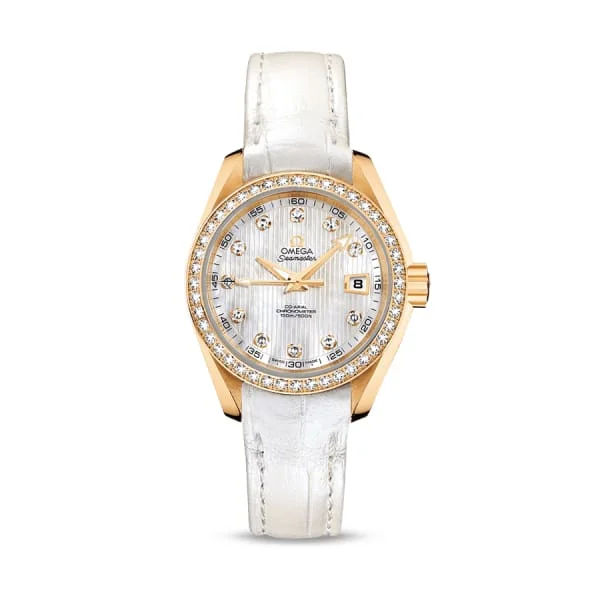 Shop Omega Watches for Ultimate Performance –Omega Seamaster 30mm Watch - Ref: 231.58.30.20.55.002 - White Mother of Pearl Diamond Index Dial & Diamond Bezel in 18K Yellow Gold Case, White Leather Strap