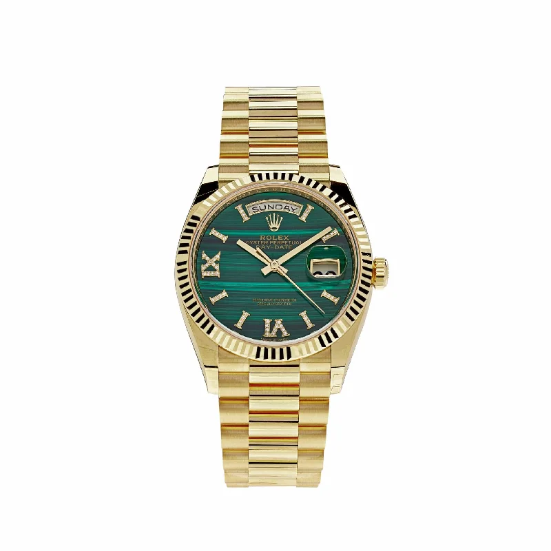 Shop for Rolex Watches with Confidence –Rolex Day-Date 128238 Yellow Gold Green Malachite Roman Diamond Dial