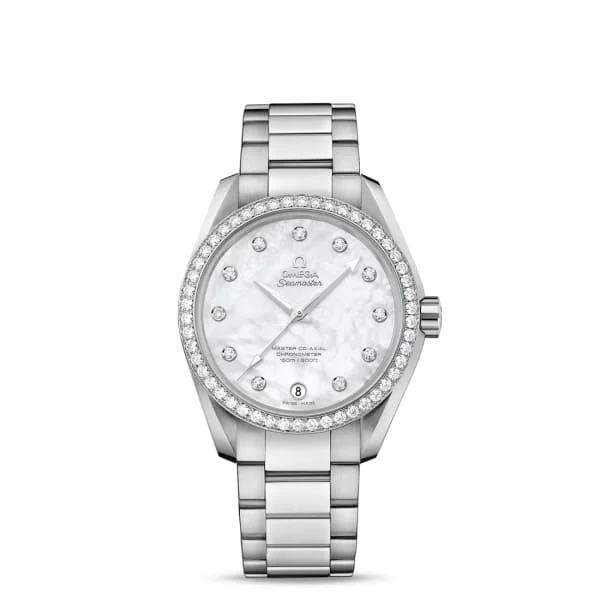 Shop Omega Watches for Timeless Luxury –Omega Seamaster 39mm Watch - Ref: 231.15.39.21.55.001 - White Mother of Pearl Diamond Index Dial & Diamond Bezel, Stainless Steel Bracelet