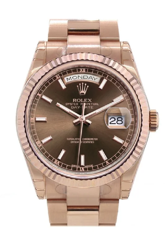 Shop Rolex Watches for Every Lifestyle –Rolex Day-Date 36 Chocolate Dial Fluted Bezel Oyster Everose Gold Watch 118235