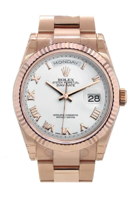 Explore Rolex’s Masterpieces of Timekeeping –Rolex Day-Date 36 White Roman Dial Fluted Oyster Everose Gold Watch 118235