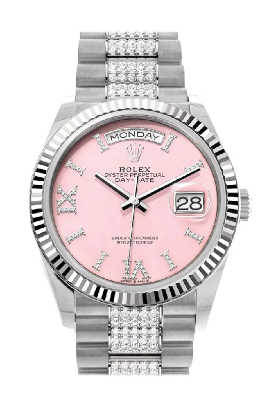 Shop Rolex Watches with Legendary Craftsmanship –Rolex Day-Date 36 Pink Opal Diamond Dial Fluted Bezel White Gold Diamond President Watch 128239