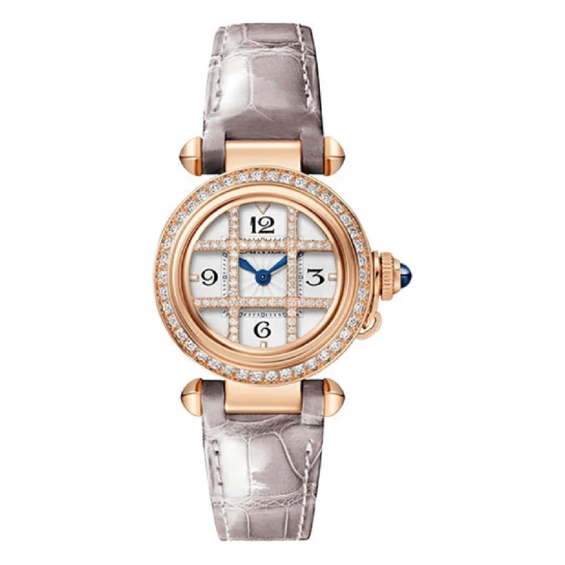 Find Cartier Watches with Classic Appeal –Cartier Pasha de Cartier 30mm Women's watch - Ref: WJPA0021 - Silver Arabic Dial & Diamond Bezel in 18K Rose Gold Case, Gray Alligator Strap