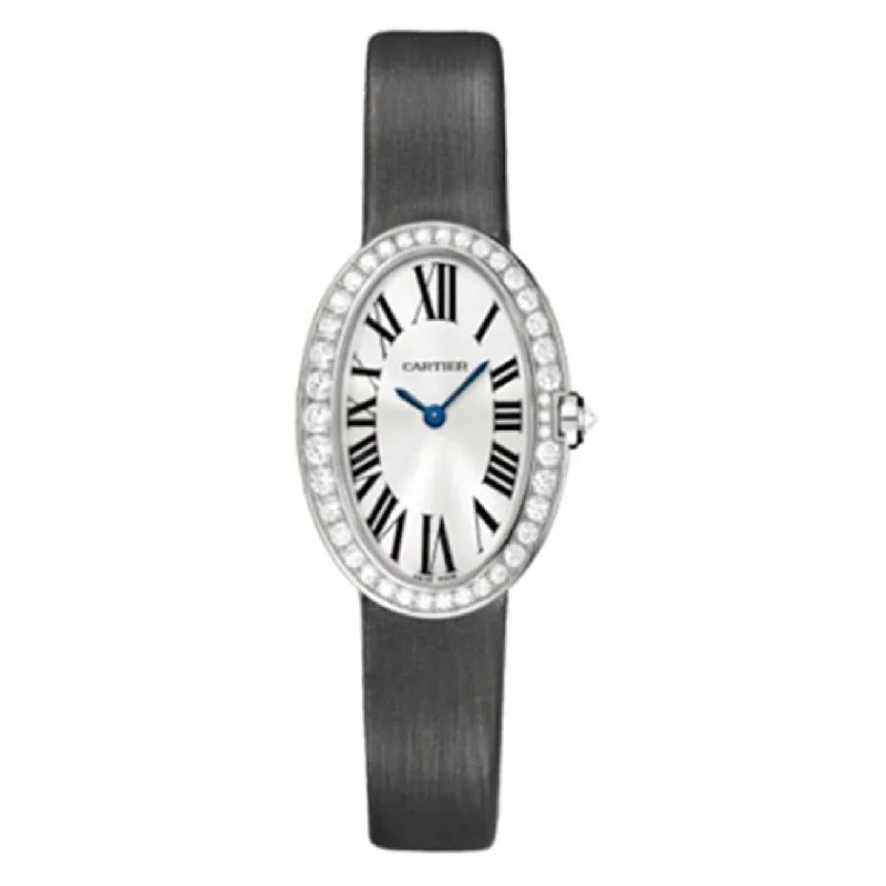 Cartier Watches: Built to Last a Lifetime –Cartier Baignoire 31.6mm Women's watch - Ref: WB520008 - Silver Roman Dial & Diamond Bezel in 18K White Gold Case, Black Leather Strap