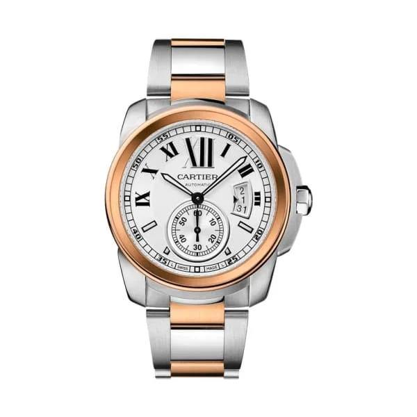 Cartier Watches: A Legacy of Distinction –Cartier Calibre de Cartier 42mm Watch - Ref: W7100036 - Silver Opaline Roman Dial, Two Tone Stainless Steel & 18K Rose Gold Bracelet