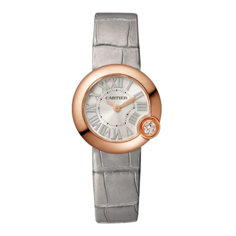 Discover Cartier Watches with Unmatched Craftsmanship –Cartier Ballon Blanc de Cartier 26mm Women's watch - Ref: WGBL0004 - Silver Roman Dial & Diamond Bezel in 18K Rose Gold Case, Gray Alligator Strap