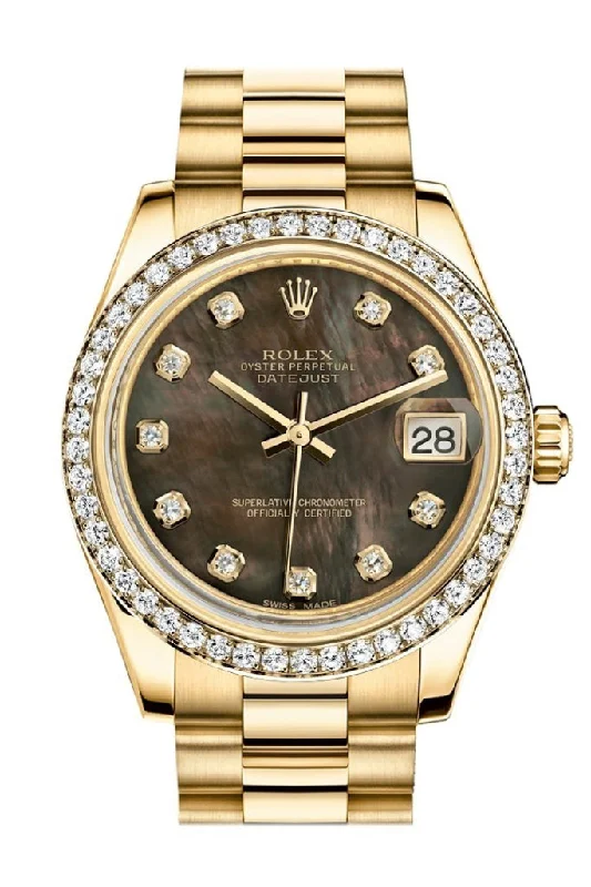 Explore Rolex Watches for Timeless Charm –Rolex Datejust 31 Black Mother of Pearl Diamond Dial Diamond Bezel 18K Yellow Gold President Ladies Watch 178288 Pre-owned