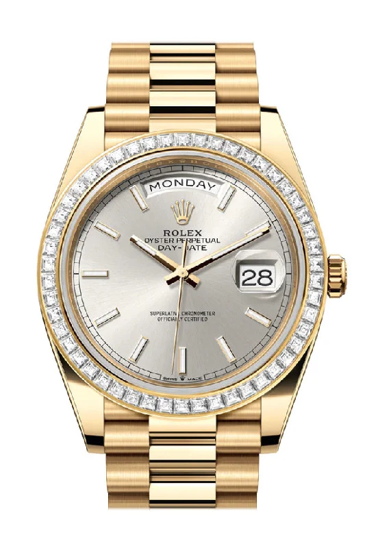 Swiss-Made Rolex Watches –Rolex Day-Date 40 Silver Dial Baguette Diamond Bezel 18K Yellow Gold President Men's Watch 228398TBR