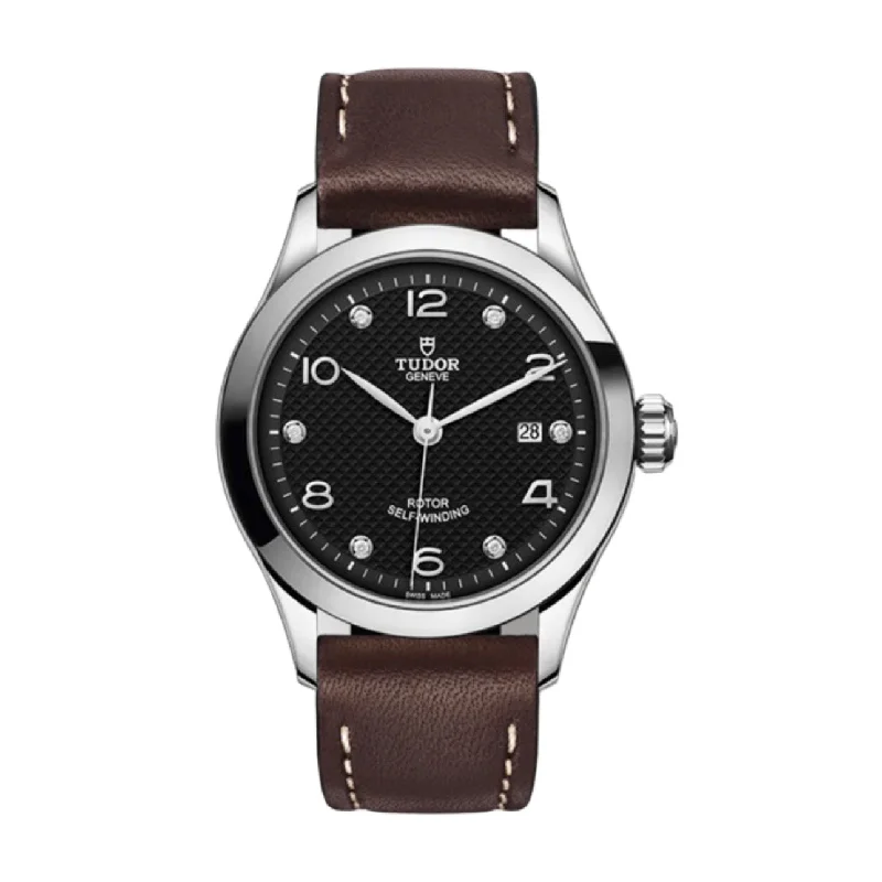 Shop Tudor Watches for Timeless Elegance –Tudor 1926 28mm | Brown leather strap | Black diamond-set dial | Ladies Watch M91350-0009