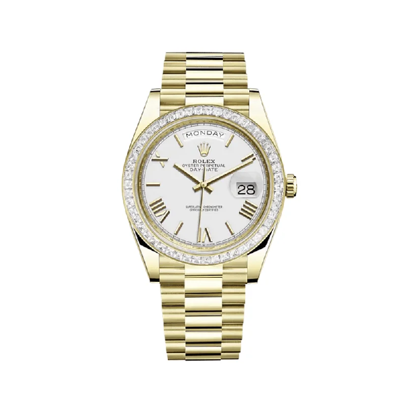 Discover Rolex’s Signature Timepieces –Rolex Day-Date 228398TBR Yellow Gold Diamond Bezel White Dial