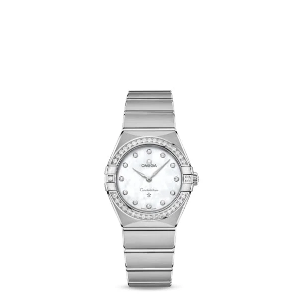 Omega Watches: Built for Luxury and Precision –Omega Constellation 28mm Watch - Ref: 131.15.28.60.55.001 - White Mother of Pearl Diamond Index Dial & Diamond Bezel, Stainless Steel Bracelet