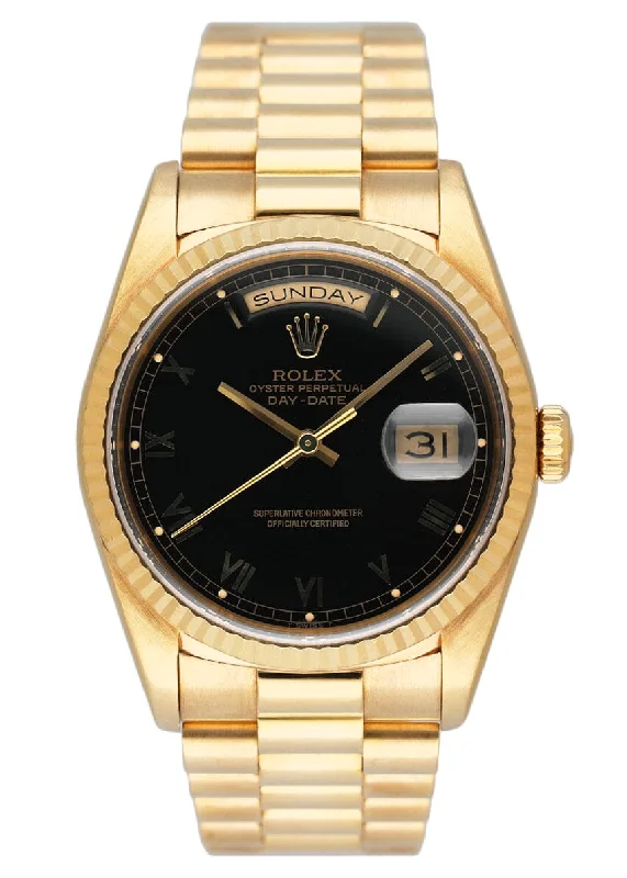 Rolex Watches: Timeless Investment in Luxury –Rolex Day-Date President 18238 Black Dial Watch Box Papers