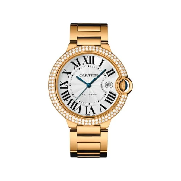 Cartier Watches: Designed for Elegance –Cartier Ballon Bleu de Cartier 42mm Watch - Ref: WE9007Z3 - Silver Roman Dial & Diamond Bezel, 18K Yellow Gold Bracelet