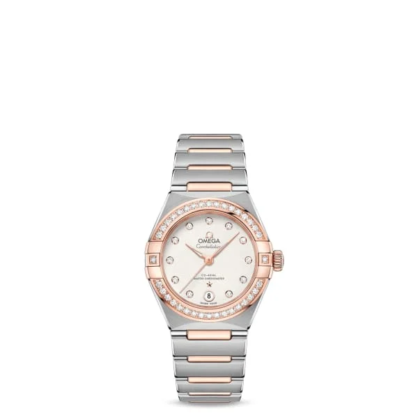 Omega Watches: Swiss Precision and Timeless Elegance –Omega Constellation 29mm Watch - Ref: 131.25.29.20.52.001 - Silver Diamond Index Dial & Diamond Bezel, Two Tone Stainless Steel & 18K Rose Gold Bracelet