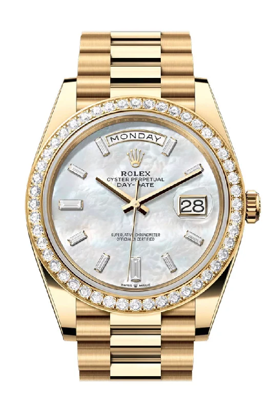 Shop Iconic Rolex Watches Today –Rolex Day Date 40 White MOP Diamond Dial Diamond Bezel Yellow Gold President Bracelet 228348RBR