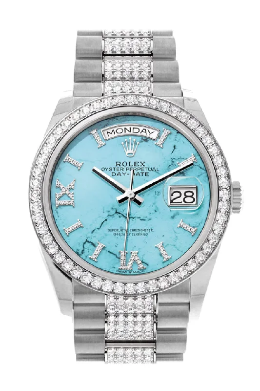 Discover the Art of Rolex Timekeeping –Rolex Day-Date 36 Turquoise Diamond Dial Diamond Bezel White Gold Diamond President Watch 128349RBR