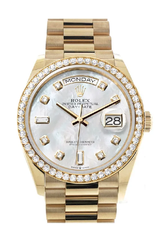 Rolex Watches: Perfect for Every Taste –Rolex Day-Date 36 Mother of Pearl  Dial Gold Diamond Bezel Watch 128348RBR-0017 128348RBR