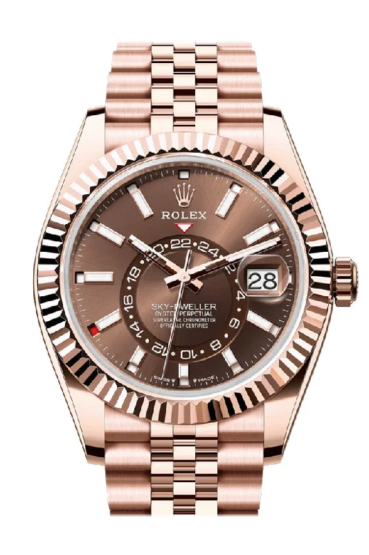 Explore Rolex Watches for Timeless Charm –Rolex Sky Dweller Chocolate Dial Fluted Bezel Rose Gold Jubilee Bracelet 336935