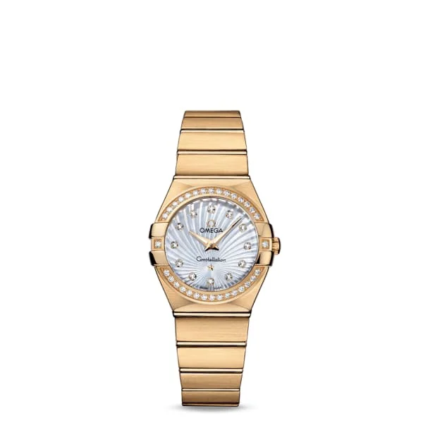 Find Omega Watches for Every Collector –Omega Constellation 27mm Watch - Ref: 123.55.27.60.55.003 - White Mother of Pearl Diamond Index Dial & Diamond Bezel, 18K Yellow Gold Bracelet