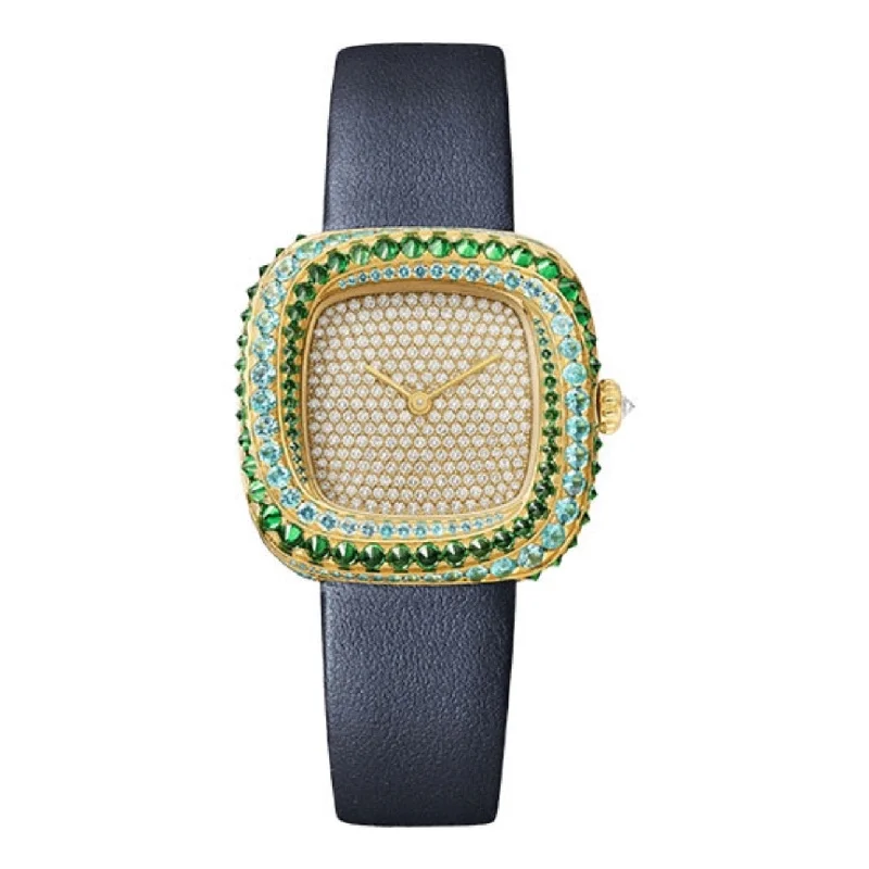 Discover the World of Cartier Watches for You –Cartier Coussin de Cartier 31.1mm Women's watch - Ref: WJCS0009 - Pave Diamond Dial & Diamond Bezel in 18K Yellow Gold Case, Blue Calfskin Strap