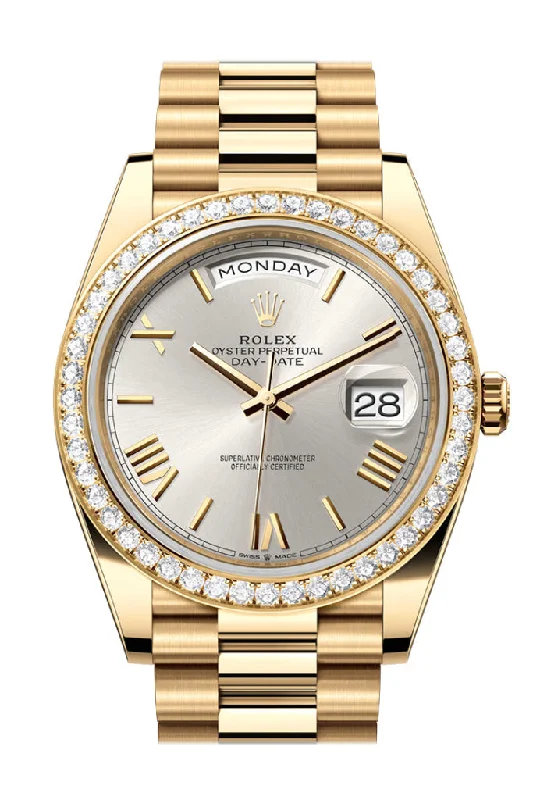 Shop Rolex Watches for Precision Timekeeping –Rolex Day-Date 40 Silver Roman Dial Yellow Gold President Men's Watch 228348RBR 228348