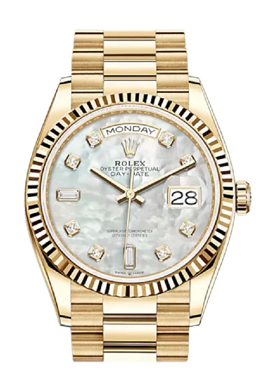 Explore Rolex’s Legendary Timepieces –ROLEX Day-Date 36 White Mother of Pearl Diamond Dial 18K Yellow Gold Watch 128238