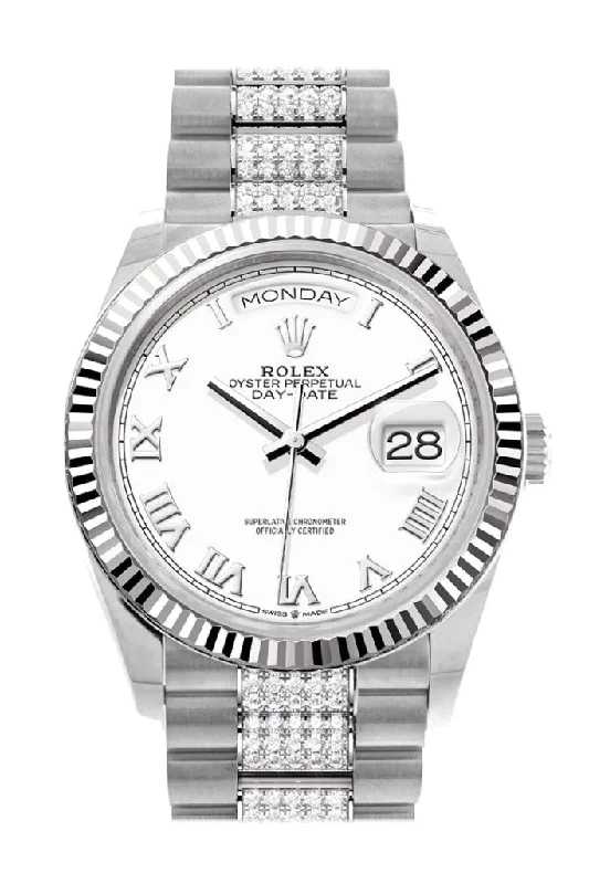 Discover the Ultimate Rolex Watch Collection –Rolex Day-Date 36 White Dial Fluted Bezel White Gold Diamond President Watch 128239 DC