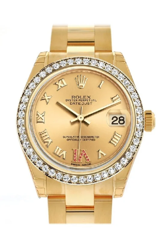 Discover the Best Rolex Models for Every Wrist –Rolex Datejust 31 Champagne Large VI Rubies Dial Diamond Bezel 18K Yellow Gold Ladies Watch 178288 Pre-owned