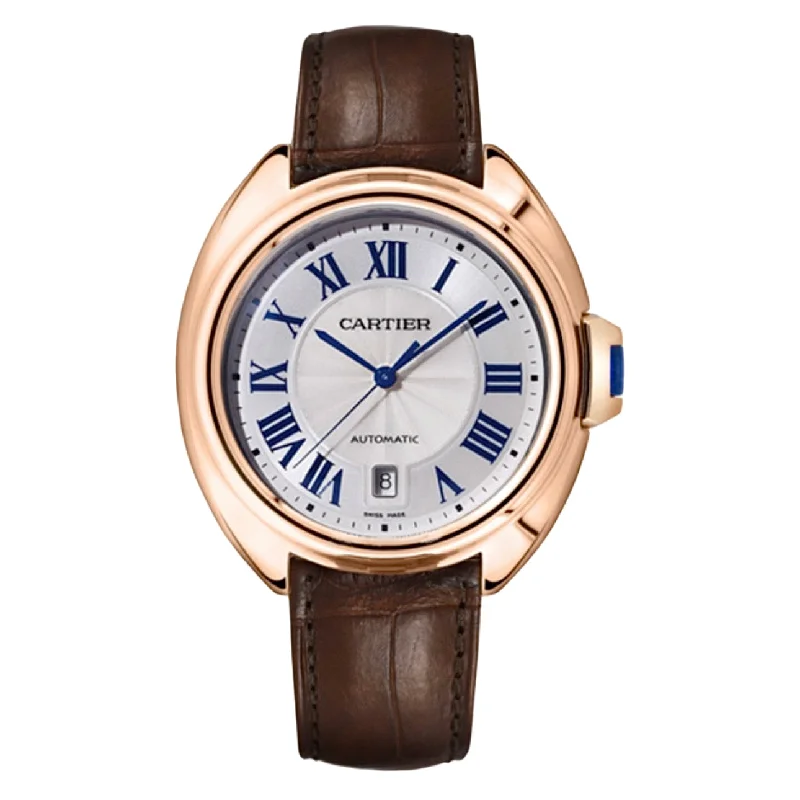 Find Cartier Watches for Your Luxury Collection –Cartier Cle de Cartier 40mm Watch - Ref: WGCL0004 - Silver Roman Dial in 18K Rose Gold Case, Brown Leather Strap