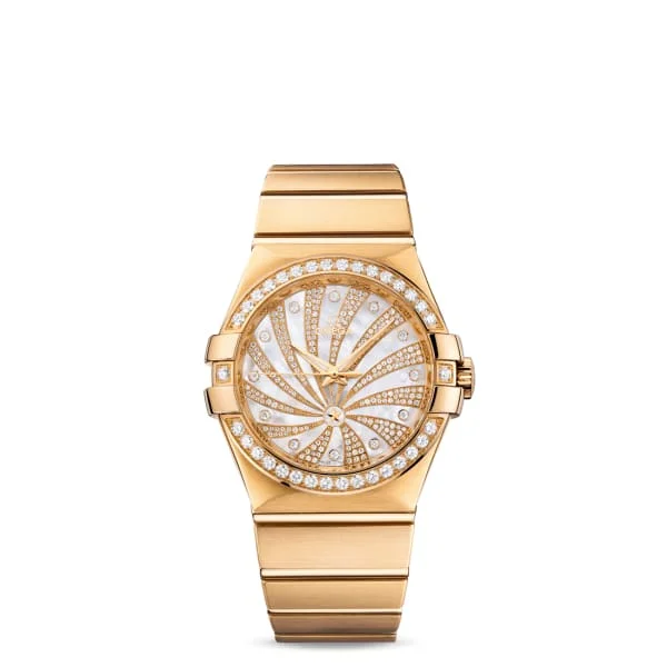 Omega Watches: Iconic Models for the Modern Collector –Omega Constellation 35mm Watch - Ref: 123.55.35.20.55.001 - White Mother of Pearl Diamond Index Dial & Diamond Bezel, 18K Yellow Gold Bracelet