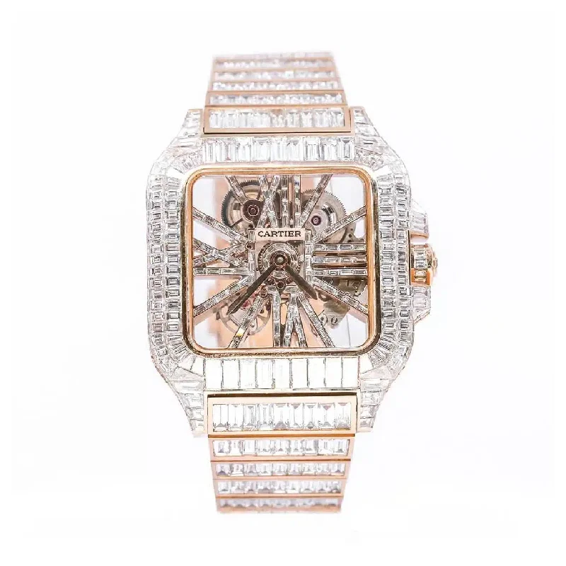 Shop Cartier Watches for the Elite Collector –Cartier Santos de Cartier 39.8mm Watch - Ref: WHSA0016 - Diamond Skeleton Roman Dial,  Custom Iced Out 18K Rose Gold Bracelet