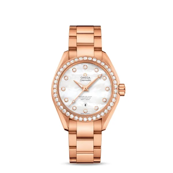 Omega Watches: Perfect for the Modern Gentleman –Omega Seamaster 34mm Watch - Ref: 231.55.34.20.55.003 - White Mother of Pearl Diamond Index Dial & Diamond Bezel, 18K Rose Gold Bracelet