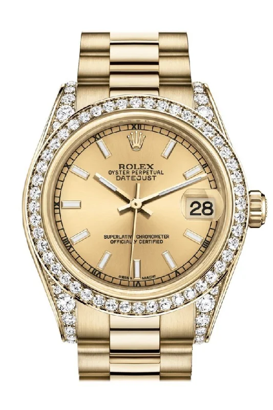 Timeless Rolex Timepieces Available Now –Rolex Datejust 31 Champagne Dial Diamond Bezel Lug 18K Yellow Gold President Ladies Watch 178158 Pre-owned