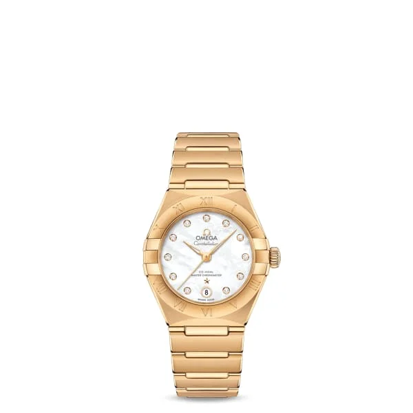 Omega Watches: Designed for Timeless Elegance –Omega Constellation 29mm Watch - Ref: 131.50.29.20.55.002 - White Mother of Pearl Diamond Index Dial, 18K Yellow Gold Bracelet