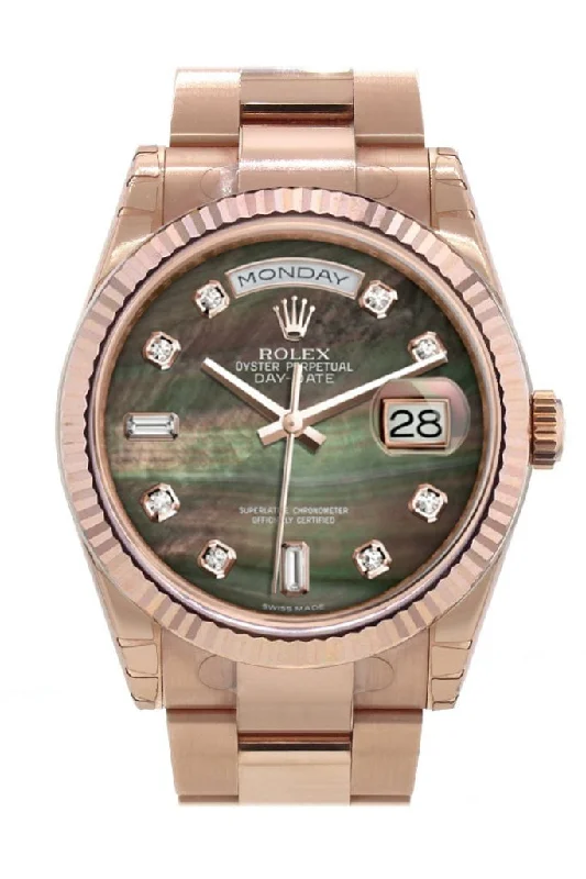 Explore Rolex Watches with Distinctive Designs –Rolex Day-Date 36 Black mother-of-pearl set with diamonds Dial Fluted Bezel Oyster Everose Gold Watch 118235