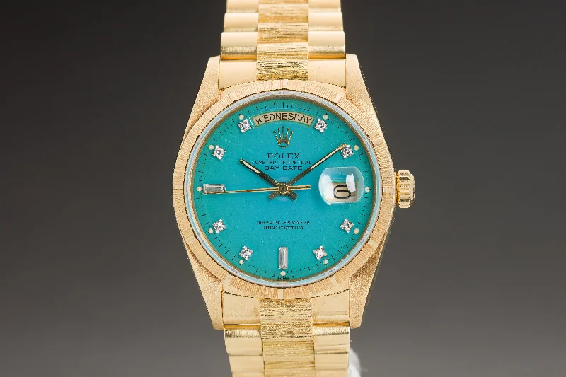 Shop Rolex Watches for Precision Timekeeping –1985 Rolex 18078 Day-Date Blue Stella Diamond Dial Bark Finish