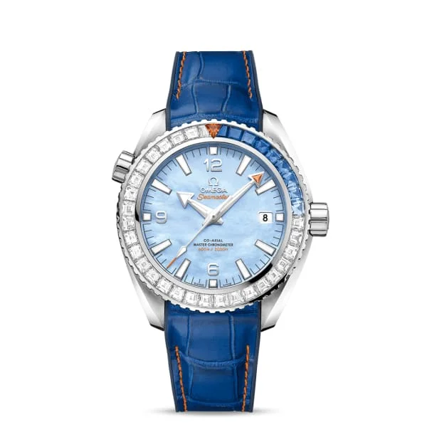 Explore Omega Watches for Timeless Performance –Omega Seamaster 44mm Watch - Ref: 215.58.44.21.07.001 - Blue Mother of Pearl Index Dial & Diamond Bezel in 18K White Gold Case, Blue Leather Strap